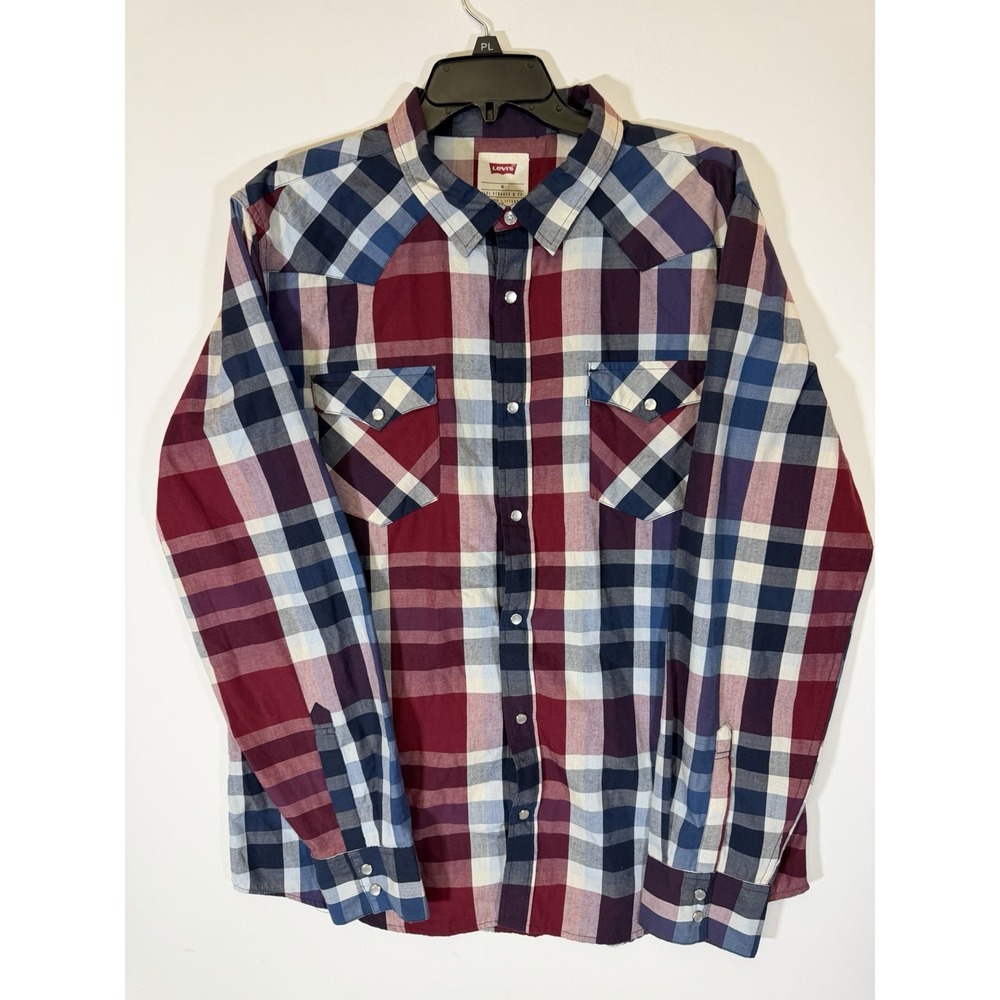 Levis Shirt Mens Pearl Snap Western Plaid Long Sleeve Pockets‎ Blue/Red Size XL
